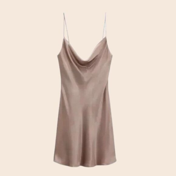 Zara Taupe Rhinestone Strap Mini Slip Dress Size Small - Picture 1 of 15
